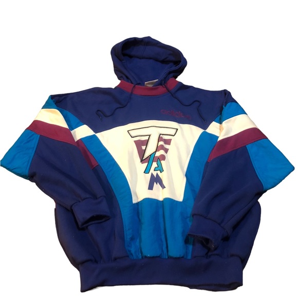ADIDAS TEAM COLOR BLOCK 90s VTG SWEATSHIRT HOODIE PULLOVER TOP L PURPLE BLUE - Picture 1 of 9